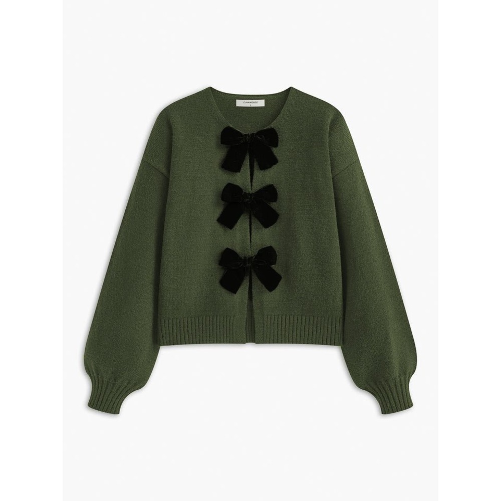 Commense Green Bow‎ Cardigan Sweater Velvet Bows Balloon Sleeve Size L NEW